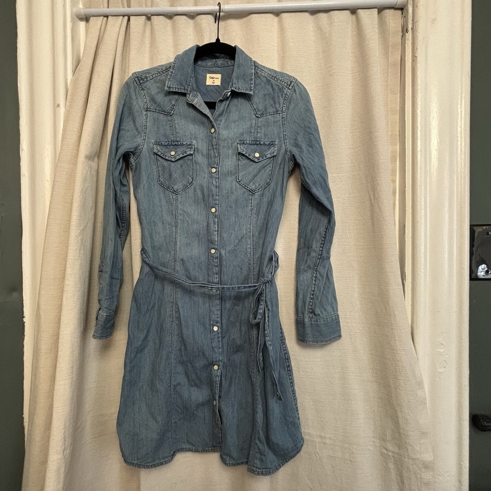 Gap 1969 Blue Cotton Denim Western Shirt Dress, XS, Long Sleeve, Belted - Picture 2 of 8